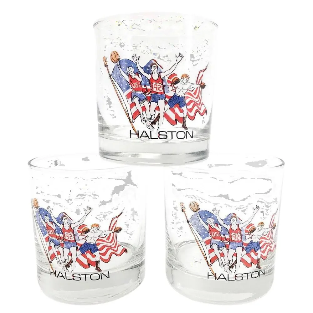 Halston 1992 Olympics lowball whiskey glasses 90s 1990s vintage